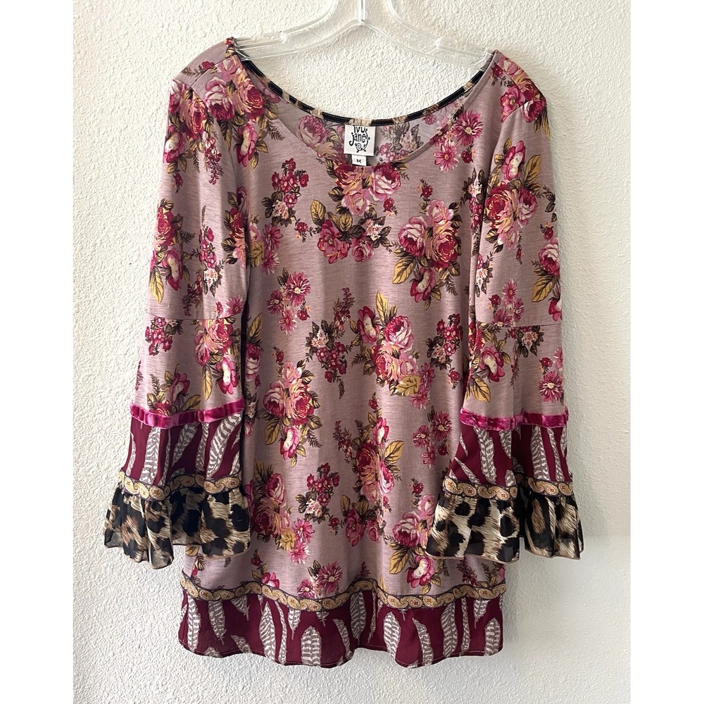 Ivy Jane Women's Tunic Top Size Medium Boho Bell Sleeve Mixed Art To Wear